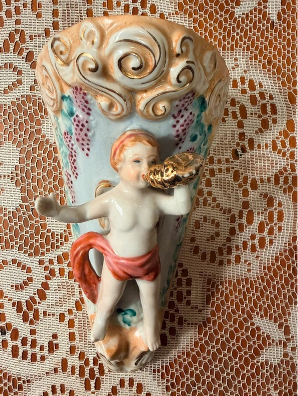 Vintage Porcelain Cherub Wall Pocket Vase Rococo Gold Floral Decor 7 Inch